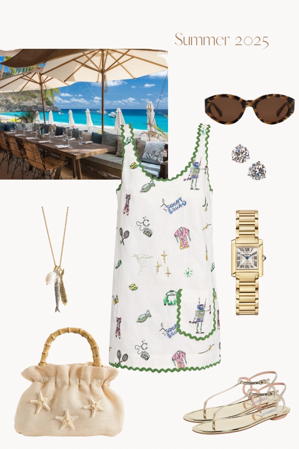 Summer Outfit  linen dress, gold sandals, vacation outfit, sunglasses, KREWE, raffia bag, beach bag, summer bag, starfish bag, fish necklace, sardine necklace, coverup, sandals, beach outfit  #LTKtravel

#LTKItBag #LTKSummerEdit #LTKSeasonal