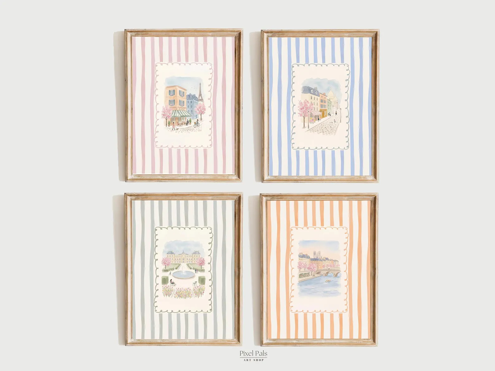 Striped Paris Print Set of 4, Pastel French Wall Art, Preppy Parisian Poster Collection | Etsy (Global)