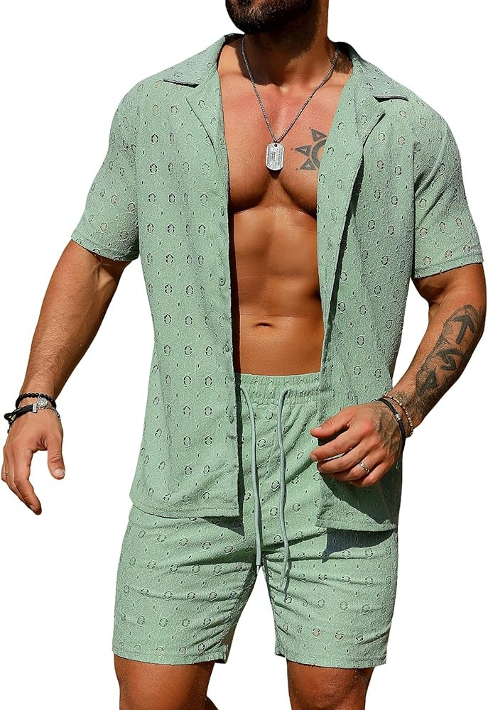 URRU Men's 2 Pieces Outfits Summer Beach Set See Through Sheer Short Sleeve Flower Lace Shirts an... | Amazon (US)