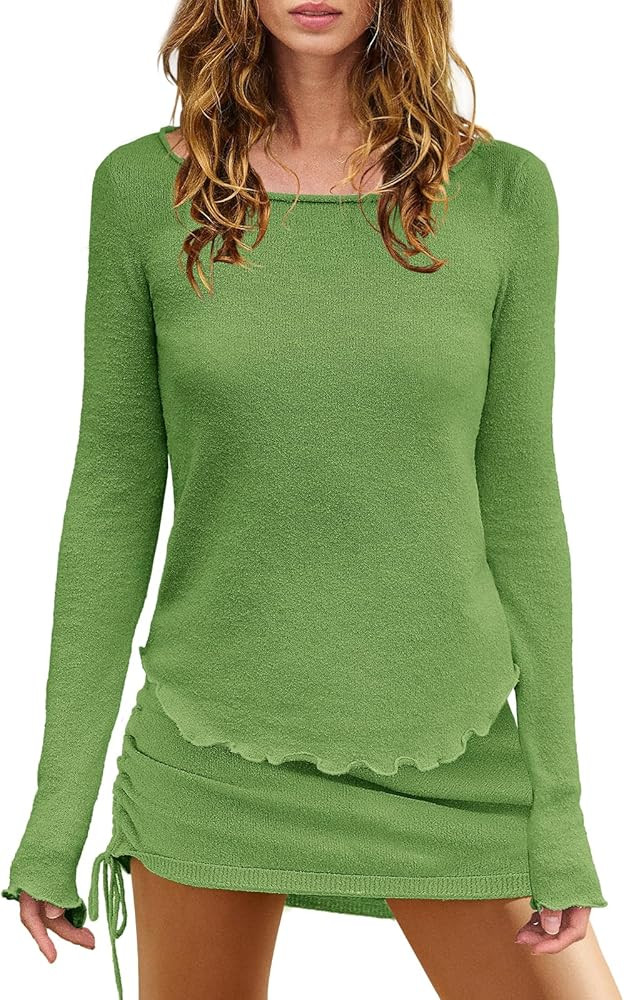 SENSERISE Womens 2 Piece Outfits Summer Sweater Skirt Set Long Sleeve Ribbed Tops Mini Dress Beac... | Amazon (US)