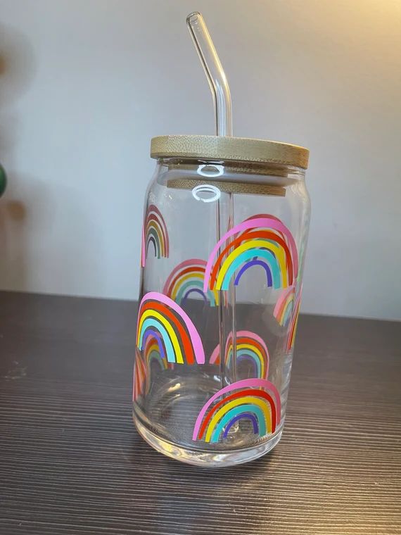 Boho Rainbow Glass 16oz Beer Glass Can Glass Coffee Cup | Etsy | Etsy (US)