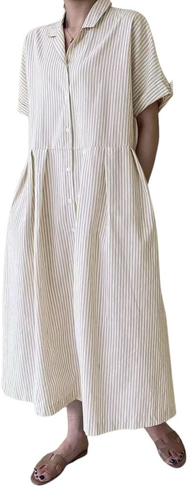 chouyatou Women's Cotton Striped Shirt Dress Button Up Short Sleeve Midi Long Shift Dress with Po... | Amazon (US)