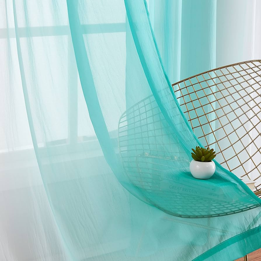 Ombre Chiffon Sheer Curtains Teal Crushed Crinkle Semi Voile Curtain Panels for Bedroom Living Ro... | Amazon (US)