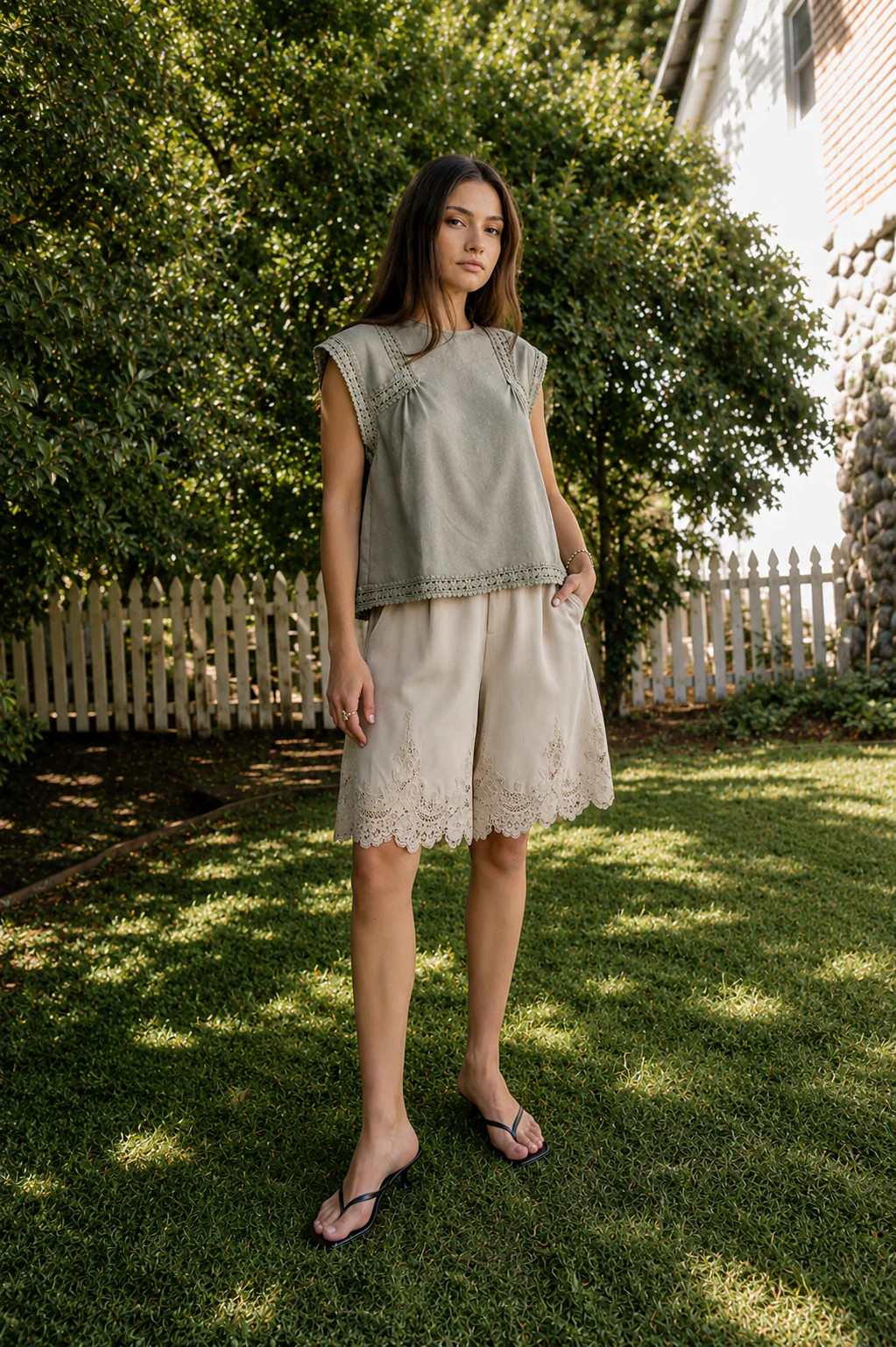 Mazie Lace Trim Shorts in Tan | Böhme US