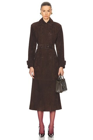 NOUR HAMMOUR Tate Tailored Suede Trench Coat in Mocha Suede - Brown. Size 42 (also in ). | FWRD 
