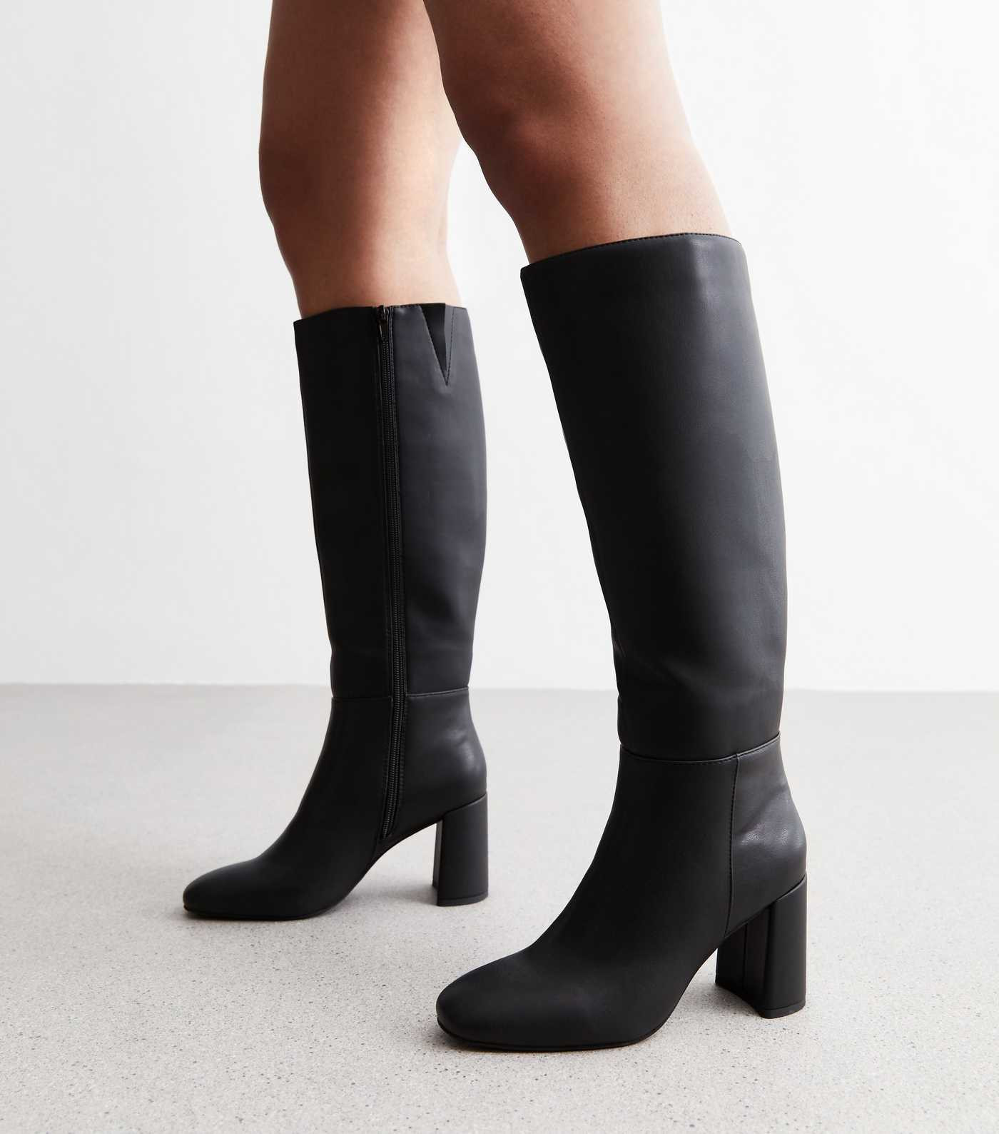Black Leather-Look Stretch Block Heel Knee High Boots | New Look | New Look (UK)