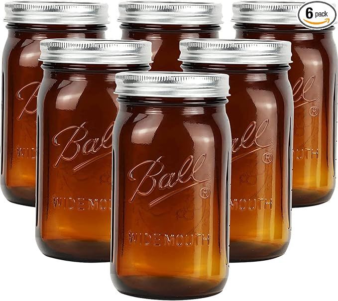 Amber Mason Jars 32 oz Wide Mouth Quart Mason Jars with Lids for Pickling, Fermenting, Decor, Sto... | Amazon (US)