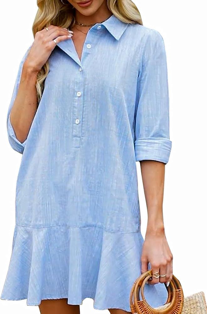 Women‘s Tunic Shirt Mini Dress Long Sleeve Cotton Short Dress Button Up Ruffle Hem Shift Dresse... | Amazon (US)