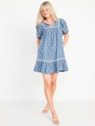 Puff-Sleeve Split-Neck Embroidered Mini Swing Dress for Women | Old Navy (US)