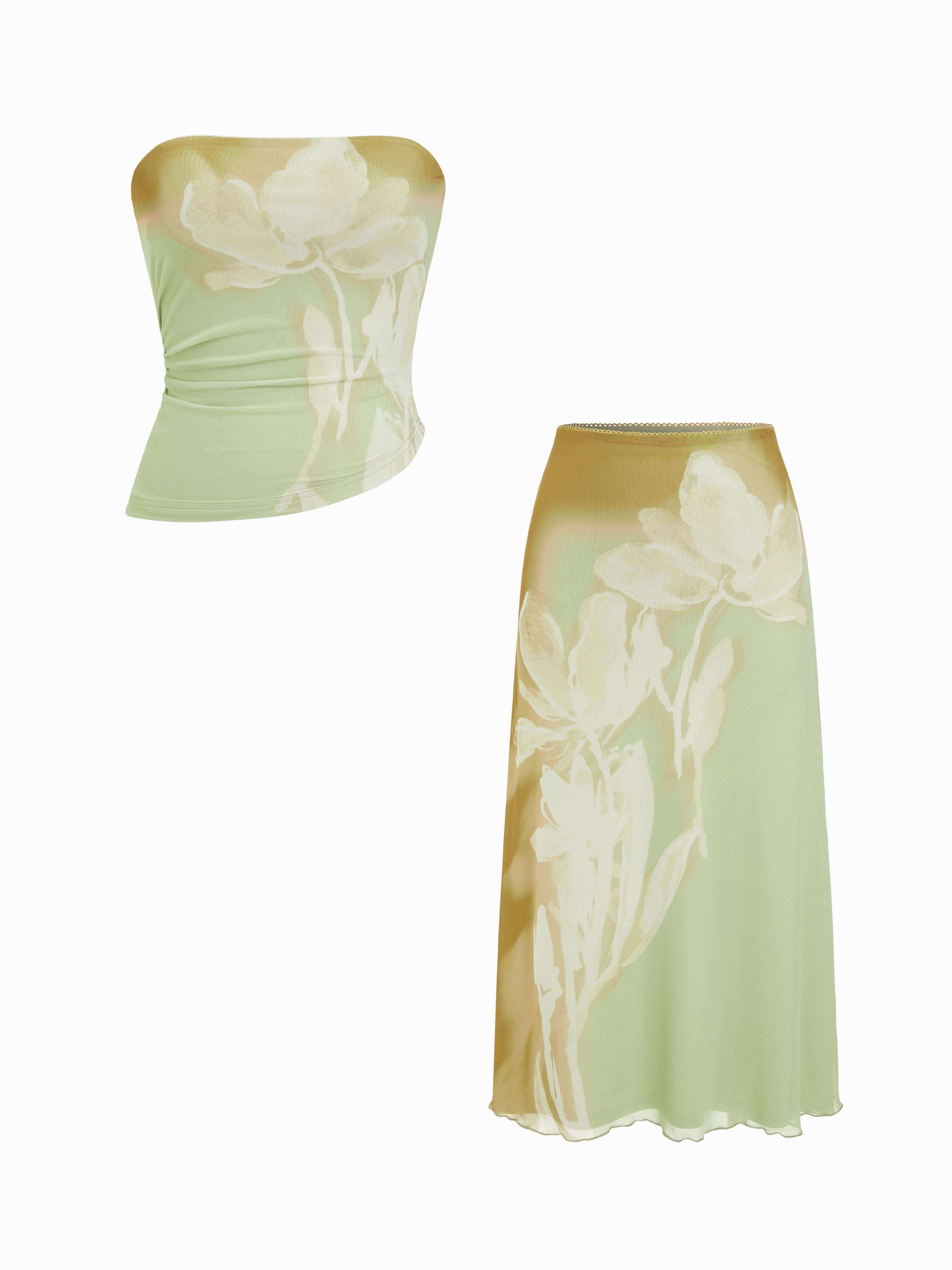 Mesh Mesh Floral Wrap Tube Top & Mid Rise Pencil Maxi Skirt Set For Daily Casual Date | Cider