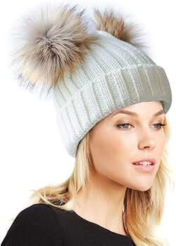 Womens Double Pom Pom Winter Beanie Bobble Hat Knitted Faux Raccoon Fur Detachable Ball Cap Adult... | Amazon (US)