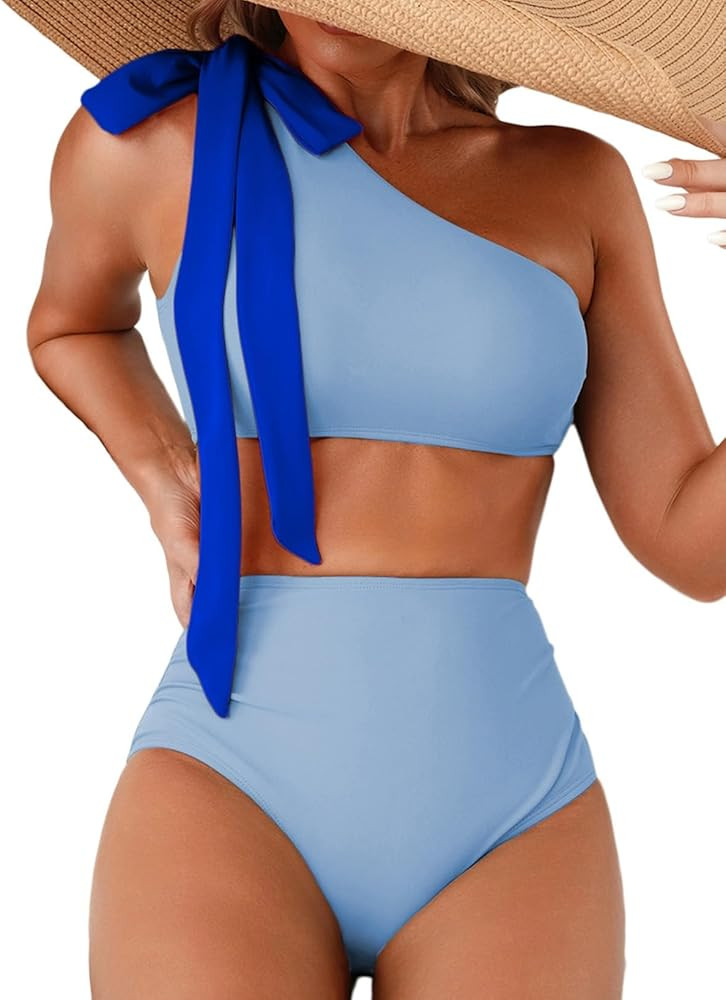 Herseas Women's One Bow Shoulder Bikini Sets 2 Piece Ruched Swimsuit Elegant Bathing Suit | Amazon (US)