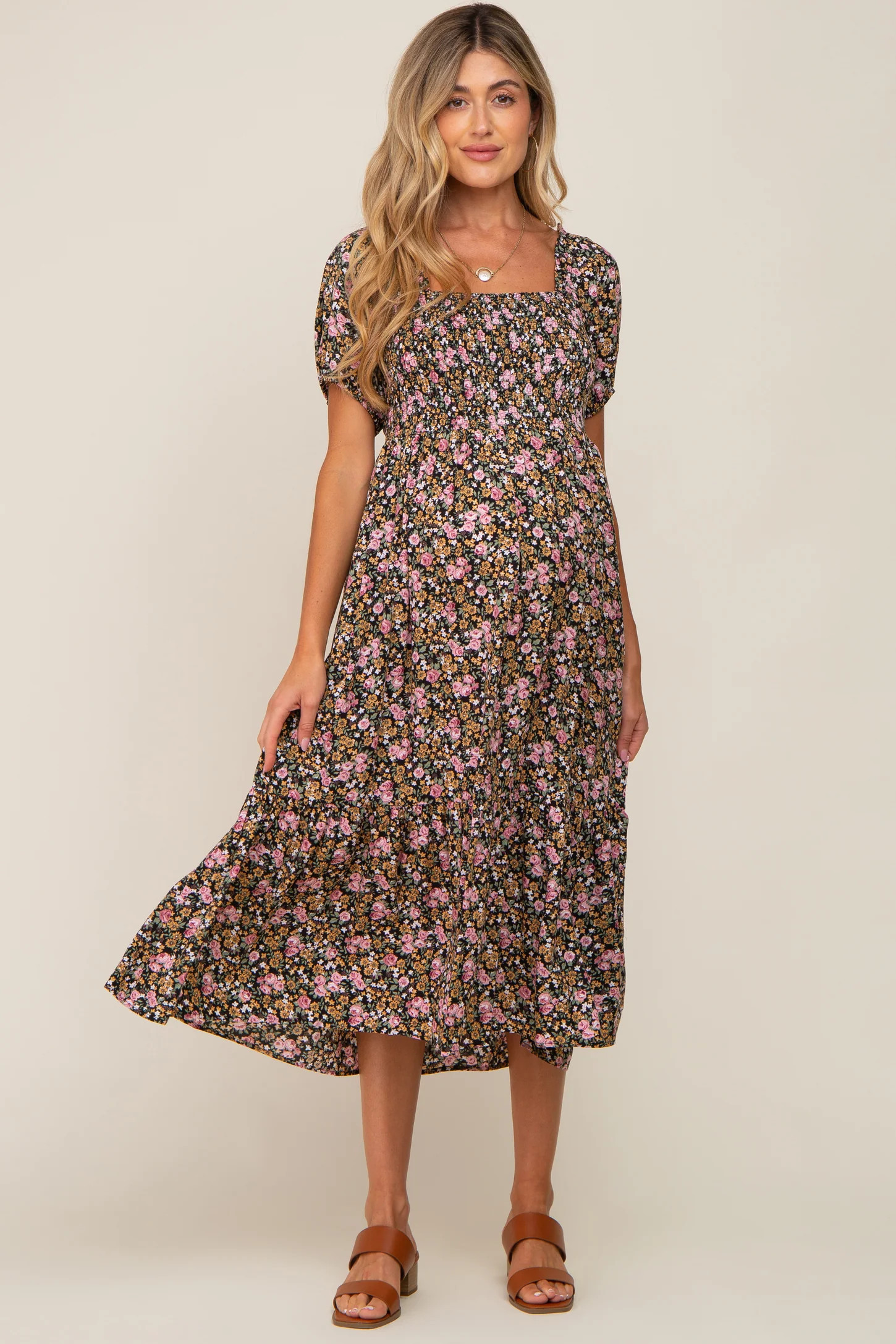 Pink Floral Smocked Puff Sleeve Maternity Midi Dress | PinkBlush Maternity