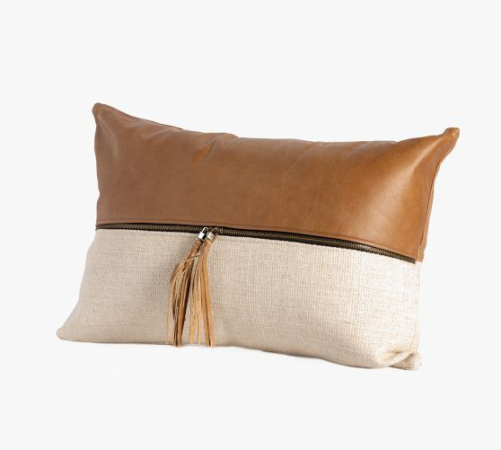 Layna Leather and Linen Block Lumbar Pillow | Pottery Barn (US)