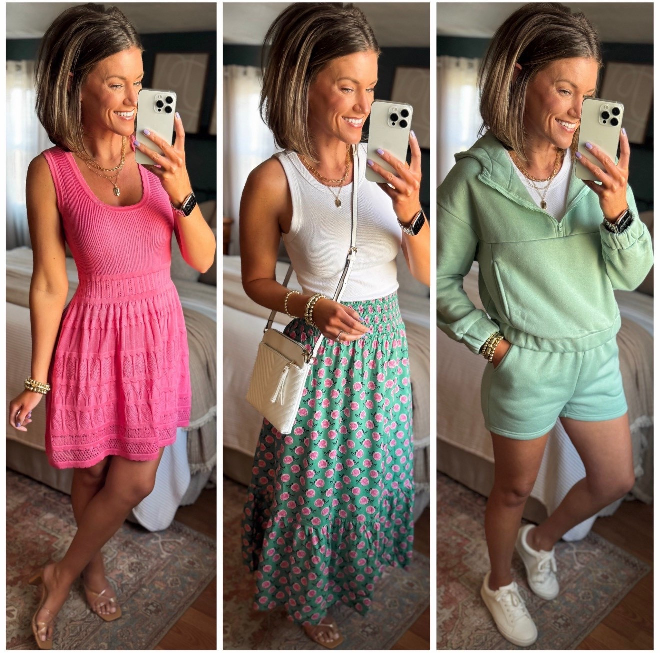 💚🩷💚🩷
Dress/ small 
Tank/ small
Skirts/ smalll
Set/ medium (would prefer large) 
