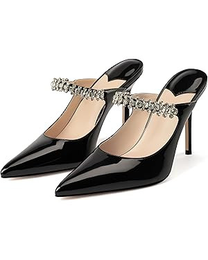 MIRAAZZURRA Women Heeled Mules Rhinestone Strappy Pointed Toe Mules Stiletto High Heels Slip On B... | Amazon (US)
