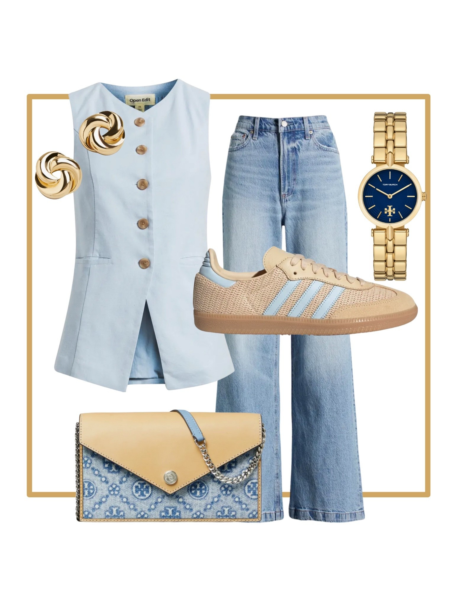 Casual classy summer business office date outfit. Blue button up vest top. Medium wash denim flare pants jeans. Tory Burch clutch bag purse. Beige and blue Adidas sneakers. Gold knot stud earrings. Gold watch with blue face

#LTKWorkwear #LTKItBag #LTKShoeCrush