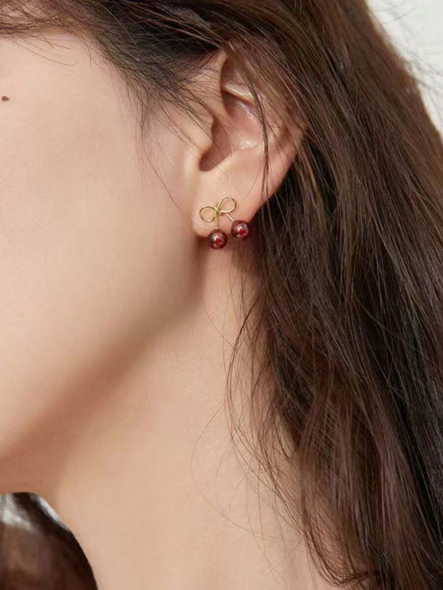 1pair Cherry/Wine Red Cute Fresh Fruit Design Small Stud Earrings For Women, Suitable For Daily, ... | SHEIN