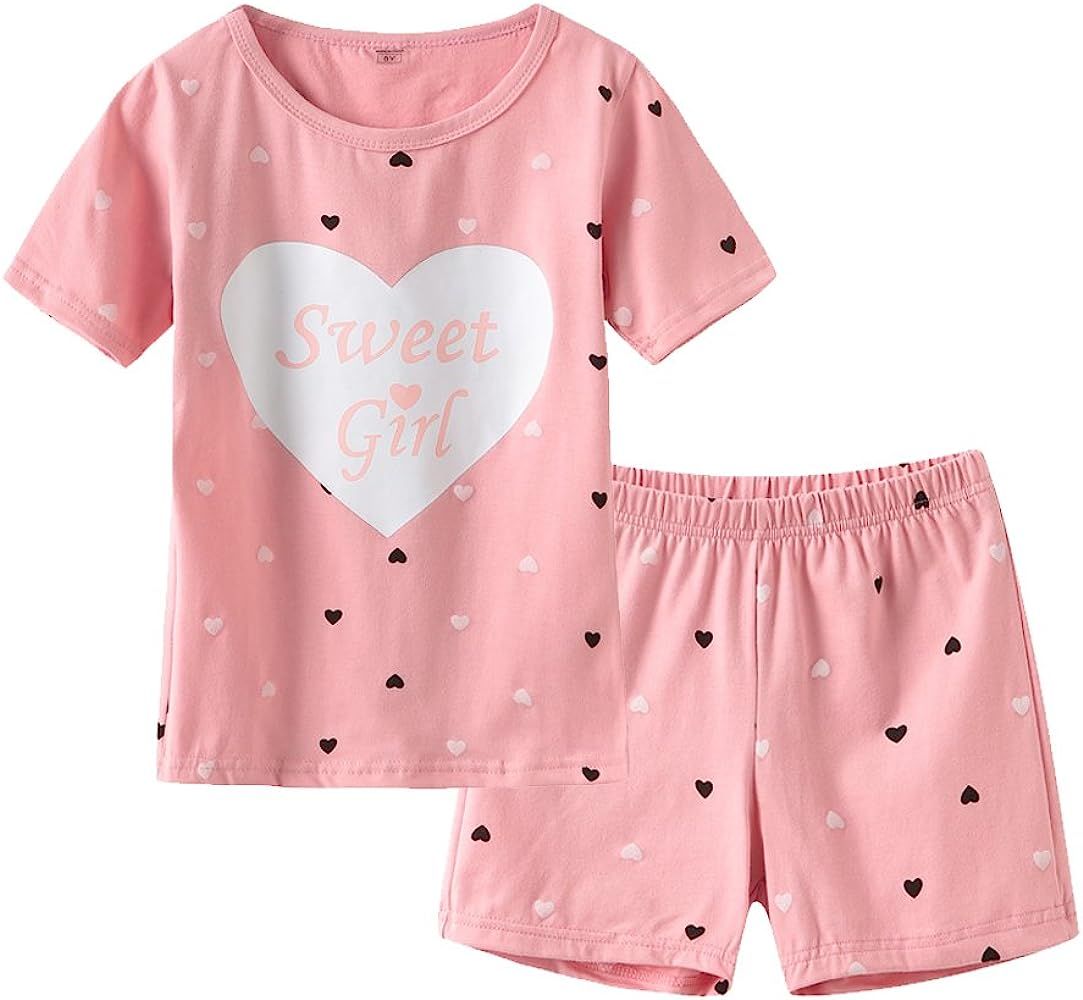 MyFav Big Girls Summer Pajama Set Heart Shape Printed Cute Sleepwear Shorts | Amazon (US)