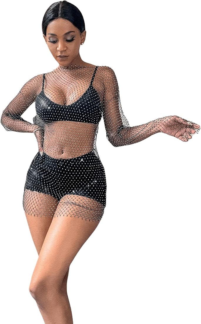 MakeMeChic Women's Sheer Mesh Hollow Out Beach Cover Up Dress Rhinestone Fishnet Long Sleeve Mini... | Amazon (US)