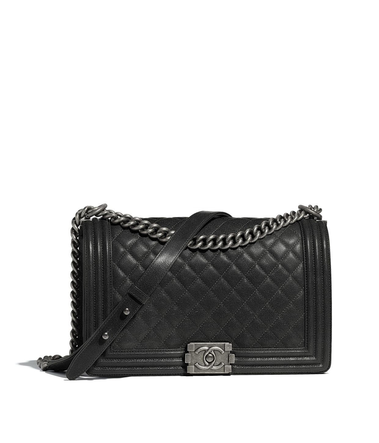Grained Calfskin & Ruthenium-Finish Metal Charcoal Large BOY CHANEL Handbag | Chanel, Inc. (US)