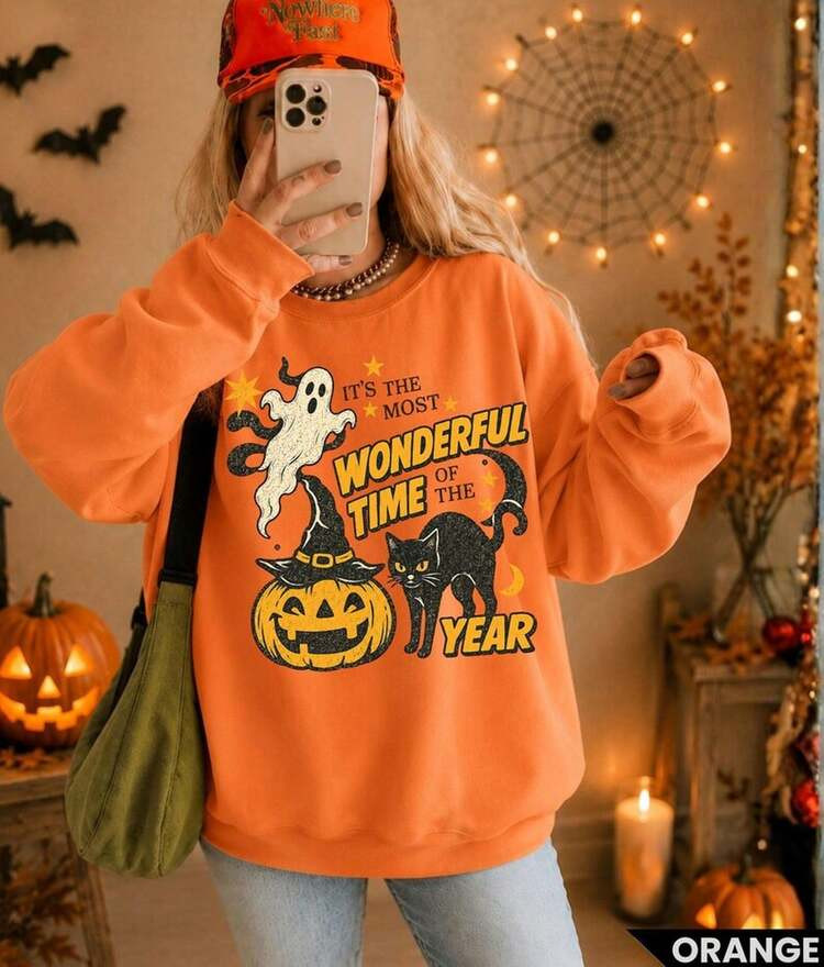 Vintage Halloween Sweatshirt Retro Halloween Crewneck 90s Spooky Black Cat Hoodie Witchy Pumpkin ... | SHEIN