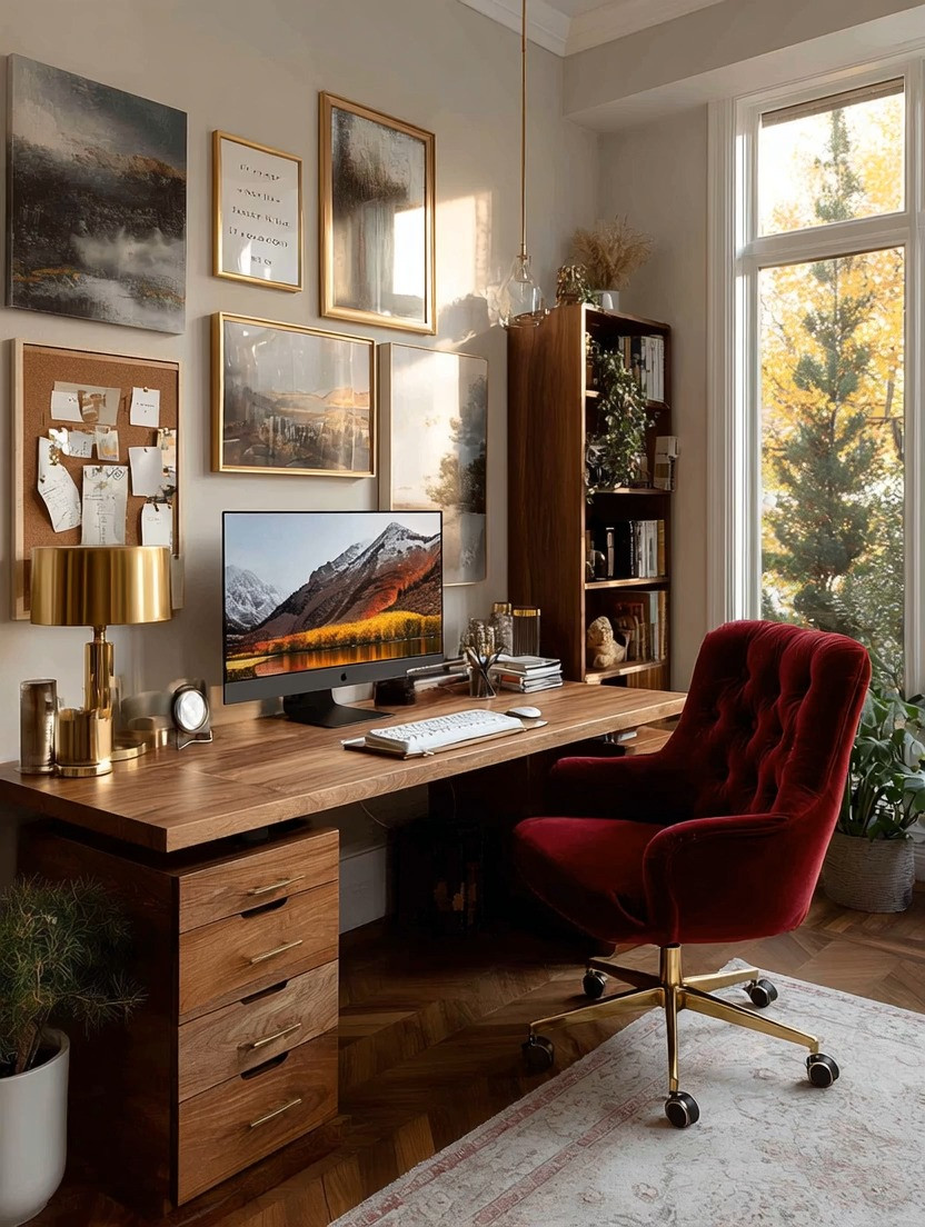 Flat, plain ivory is phasing out — and yes, that includes your home office.

Your workspace should feel just as intentional and elevated as your living room or bedroom. This is where ideas are built. It deserves presence.

Create this glamorous, grounded look with:

• A solid wooden desk — warmth, texture, authority
• A gorgeous velvet office chair — deep burgundy, forest green, navy, or espresso
• A gold table lamp — instant sophistication and warm lighting

The magic is in the contrast:
Rich wood + plush velvet + polished gold.

This combination feels powerful without being loud. It says creative. Focused. Elevated.

Add layers:
• A curated gallery wall in gold frames
• A cork board or vision board
• A bookshelf with texture and greenery
• A soft rug to anchor the space

Your office shouldn’t feel temporary. It should feel like a studio.

Because when your environment rises, your standards rise with it.

#HomeOfficeDesign #ElegantWorkspace #VelvetChair #OfficeGlam #GoldAccents #CreativeStudio #ElegantAndDriven 

 #LTKHome