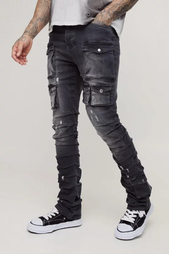 Tall Stacked Multi Cargo Pocket Flared Jeans | boohooMAN (US & Canada)