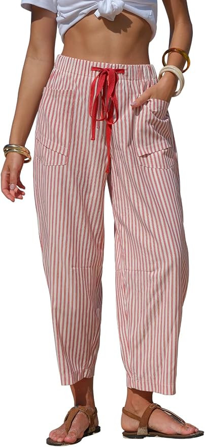 Byinns Womens Faux Linen Striped Barrel Pants Comfy Drawstring Capri Pant Summer Beach Vacation L... | Amazon (US)