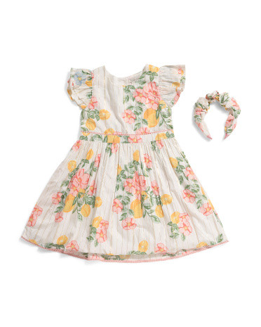 Girls Flutter Sleeve Floral Dress With Lurex And Headband | TJ Maxx