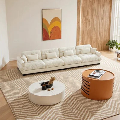Super Comfort Oversized Modular Velvet Sectional Sofa – Cream L-Shaped Couch with Ottoman, Deep Seat Cloud Cushions, Bolstered Armrests for Living Roo | Wayfair North America