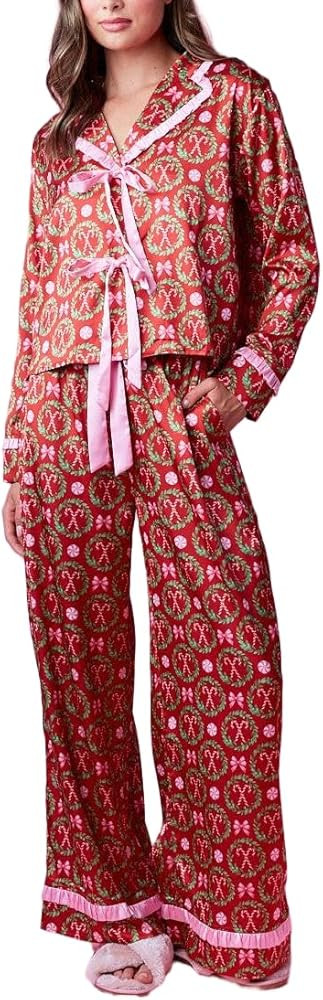 Holiday Bow Pajamas for Women Satin Silk 2 Piece Cute Festival Print Pjs Long Sleeve Button Shirt... | Amazon (US)