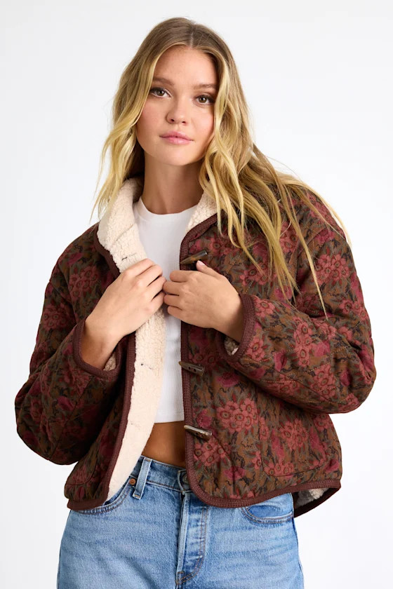 Loryn Brown and Burgundy Floral Shearling Toggle Jacket | Lulus