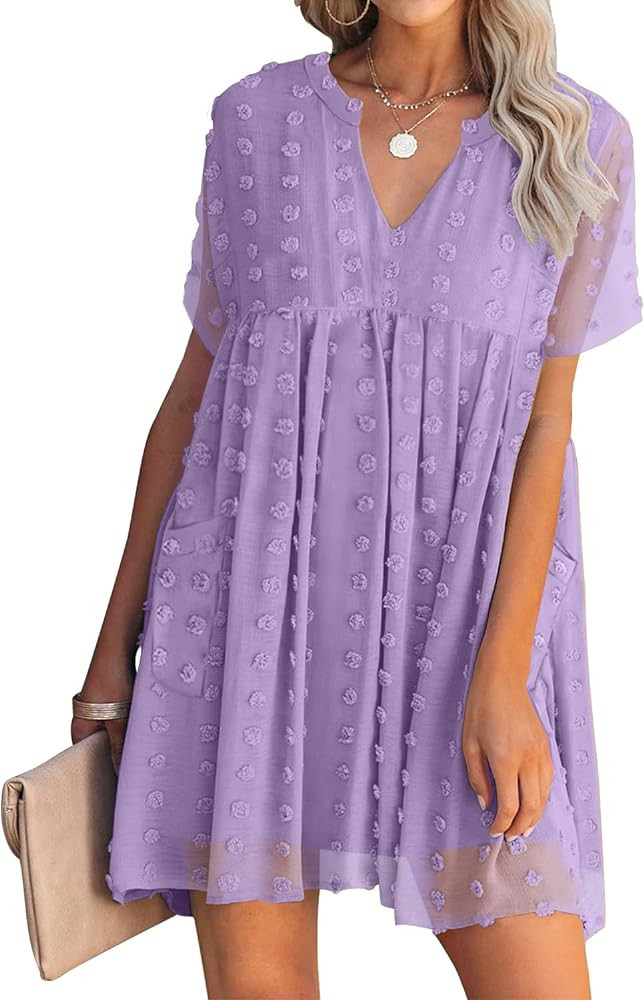 MIHOLL Women's V Neck Short Sleeve Ruffle Loose Summer Flowy Mini Dress | Amazon (US)