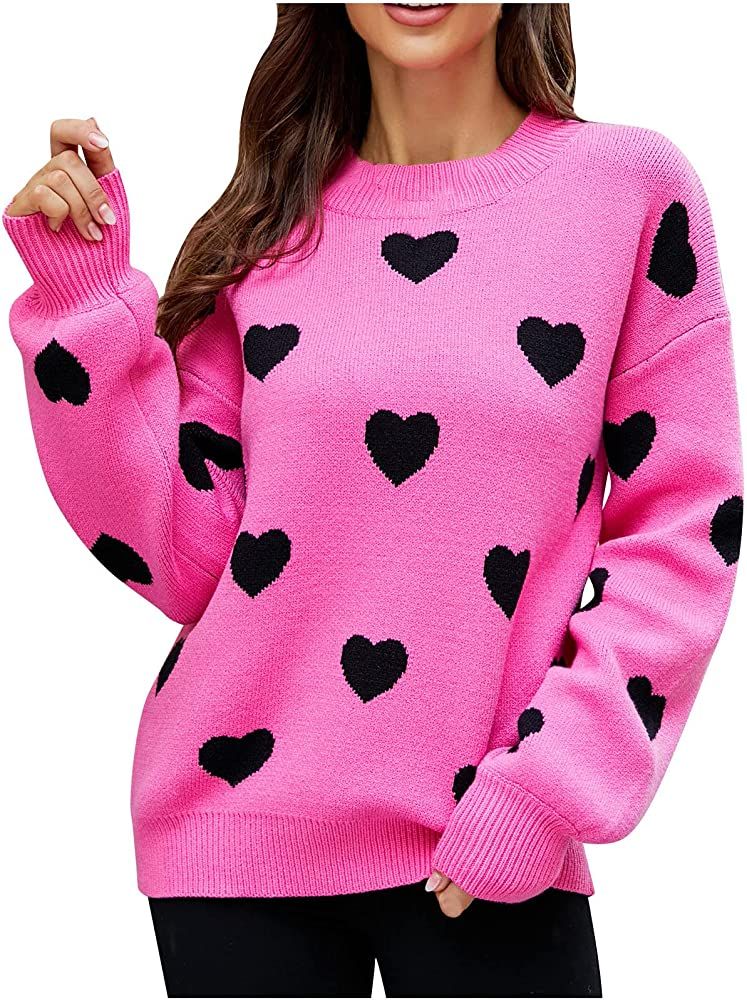 Loose Knitted Sweater for Women Trendy Heart Shape Graphic Long Sleeve Pullover Casual Crewneck Top  | Amazon (US)