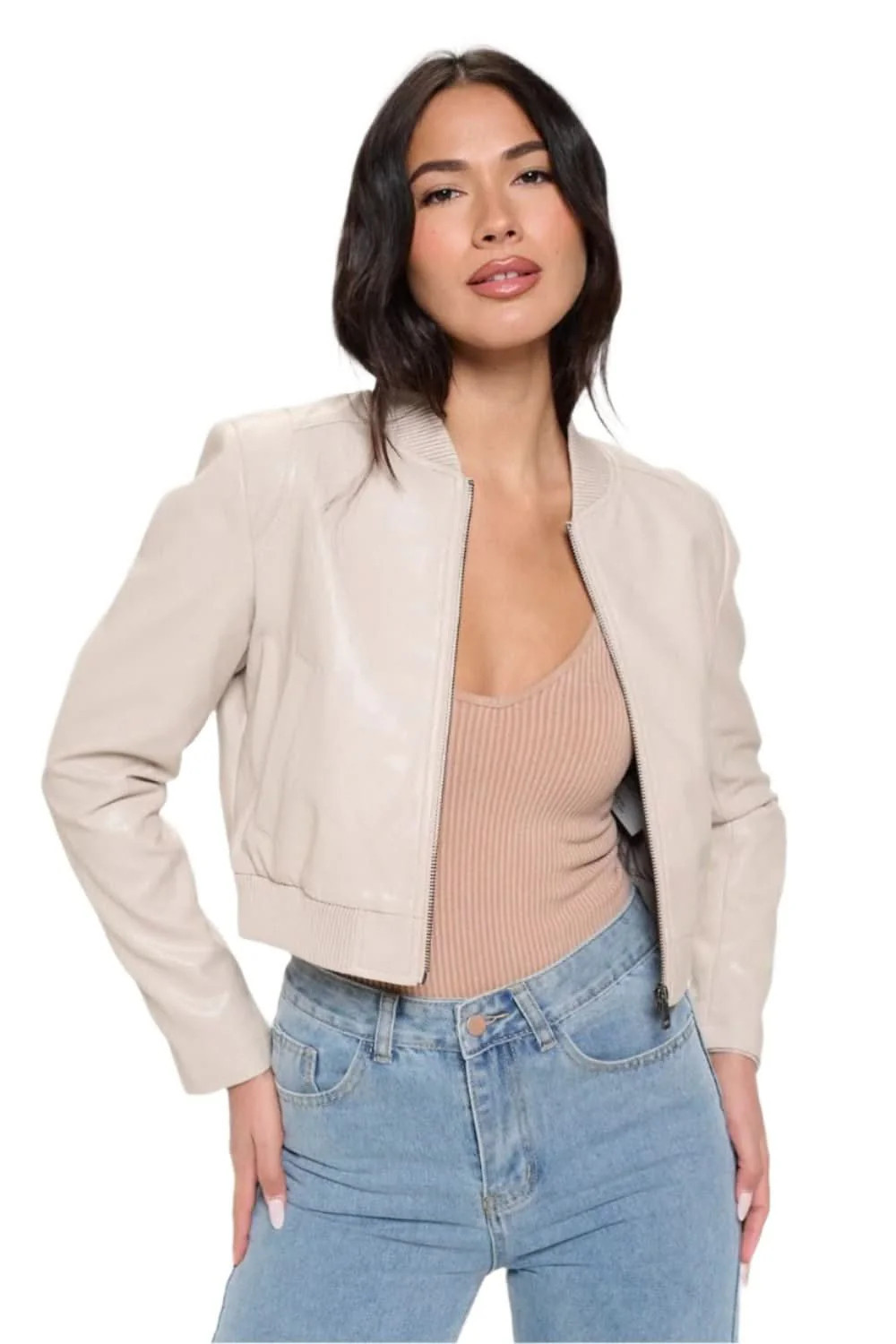 Chic vegan leather bomber jacket Cream / M | Casual Chic Boutique