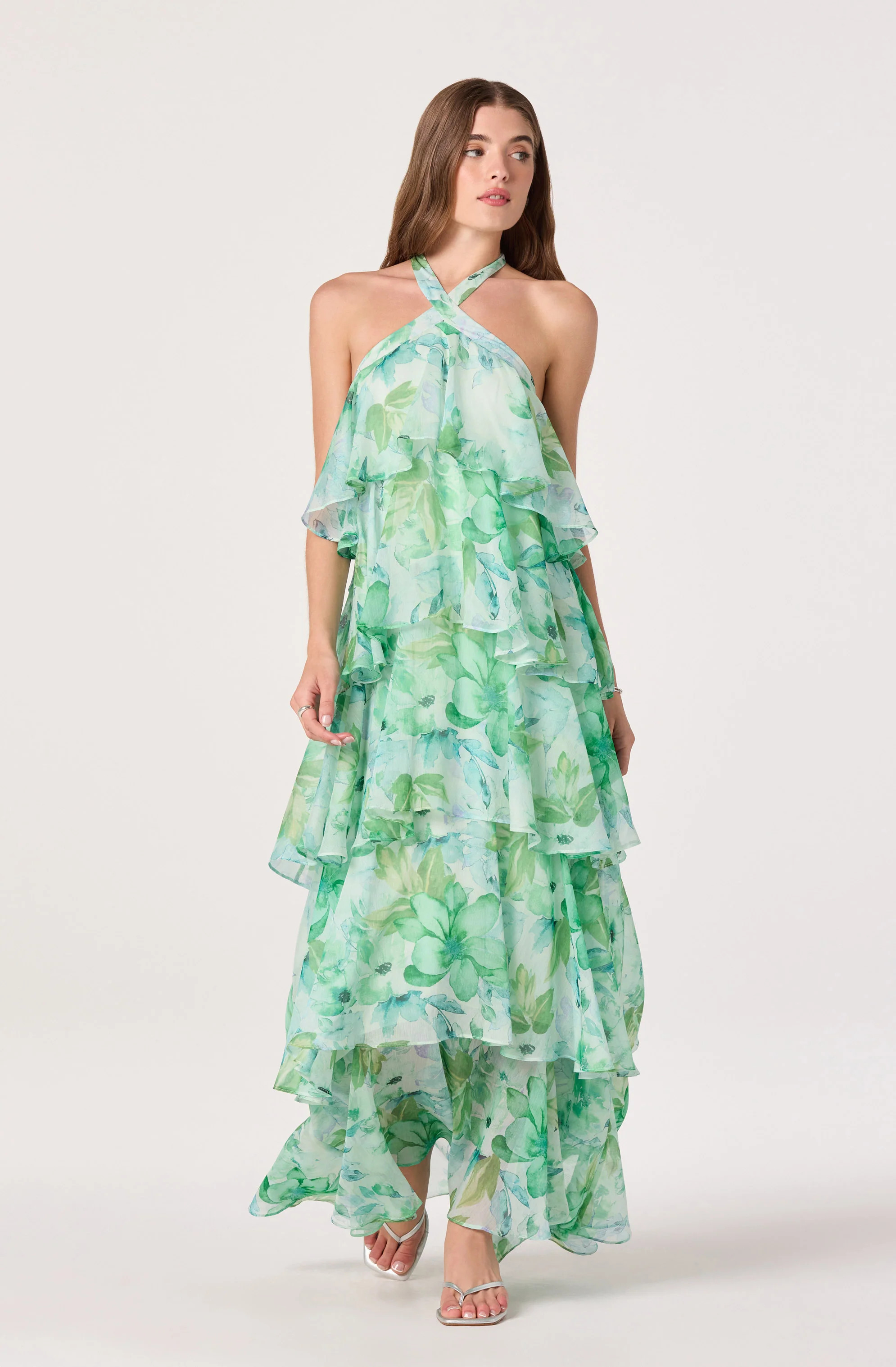 Daiga Floral Halter Tiered Dress - Green floral / XS | ASTR The Label (US)