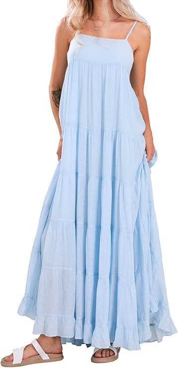 utcoco Women's Spaghetti Straps Maxi Dresses Back Smocked Sleeveless Tiered Swing Flowy Boho Long... | Amazon (US)
