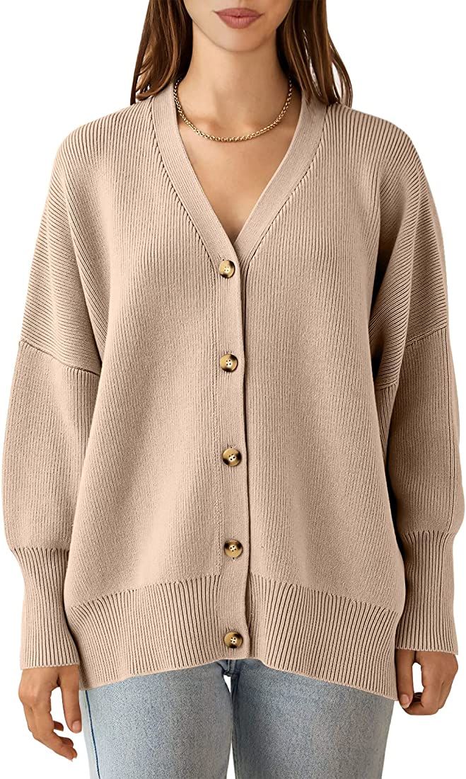 ANRABESS Women’s Long Sleeve Button Down V Neck Casual Loose Oversized Cardigan Knit Sweater Co... | Amazon (US)