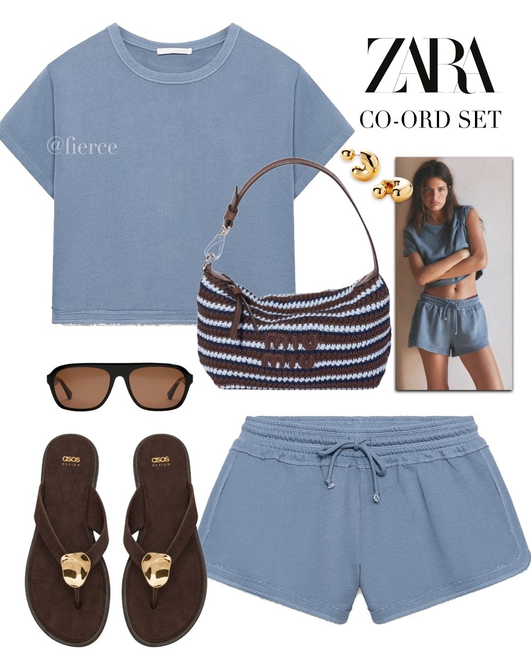 Blue shorts co-ord set chocolate brown sandals Miu Miu knitted striped bag casual weekend outfit

#LTKuk #LTKsummer #LTKeurope