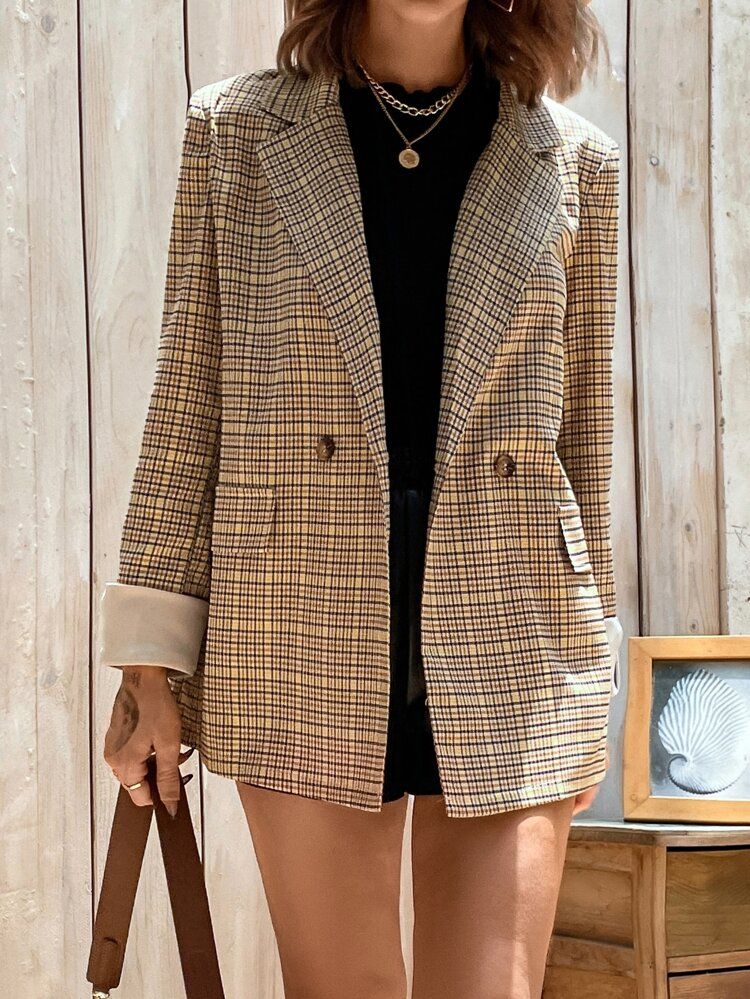 Plaid Lapel Collar Double Button Blazer | SHEIN