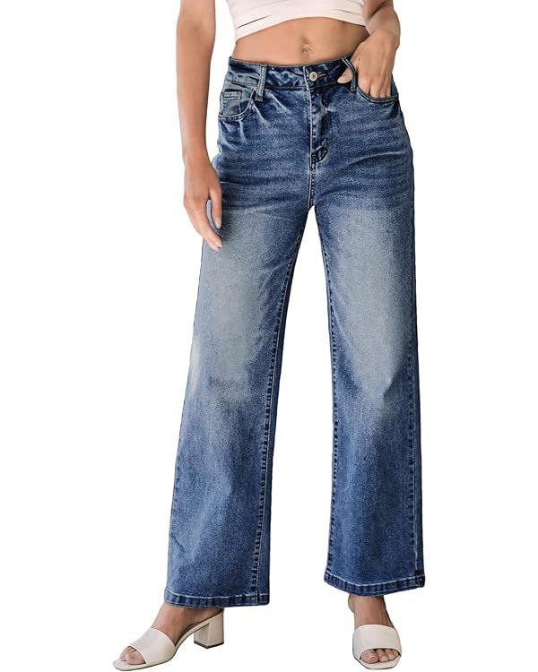 Sidefeel Women's Straight Wide Leg Jeans High Waisted Stretch Denim Pants | Amazon (US)