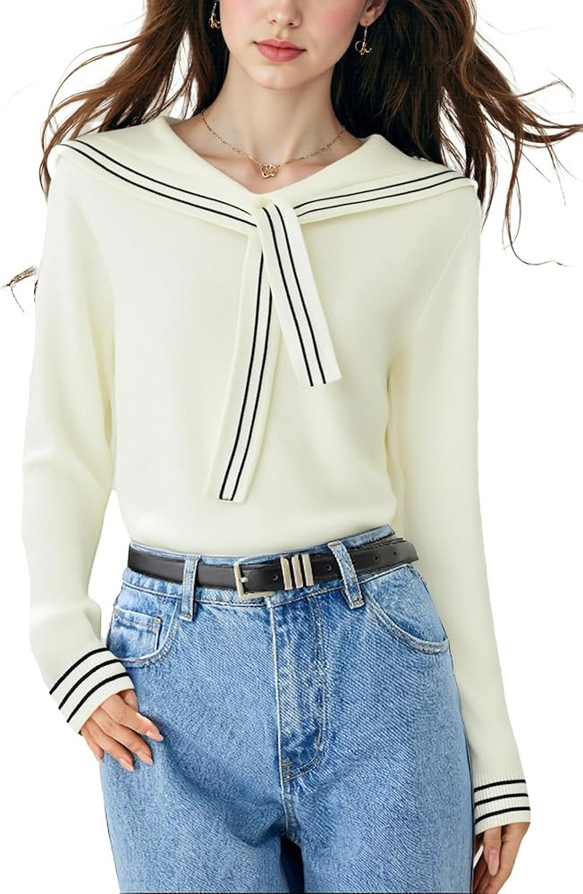 LAI MENG FIVE CATS Women's Sailor Collar Long Sleeve V-Neck Stripe Button Knit Top Shirt Blouse S... | Amazon (US)
