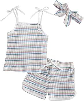 Toddler Baby Girl Summer Clothes Stripe Tank Top + Cotton Shorts Headband 3Pcs Knit Ribbed Outfit... | Amazon (US)