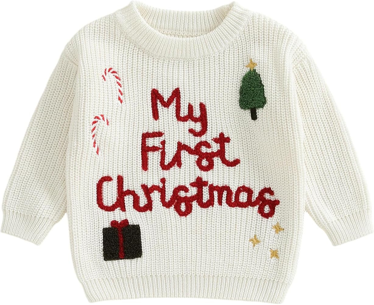 Baby Boy Girl First Christmas Outfit Infant Toddler Letter Embroidery Knit Ugly Pullover Sweater ... | Amazon (US)