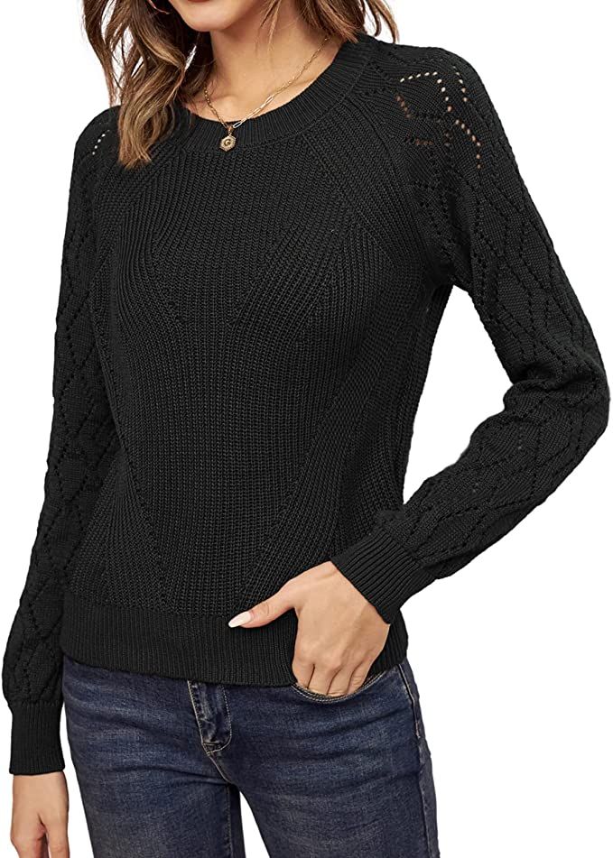 Women Crochet Long Sleeve Crewneck Sweaters Knit Pullover Jumper Tops Black S at Amazon Women’s... | Amazon (US)