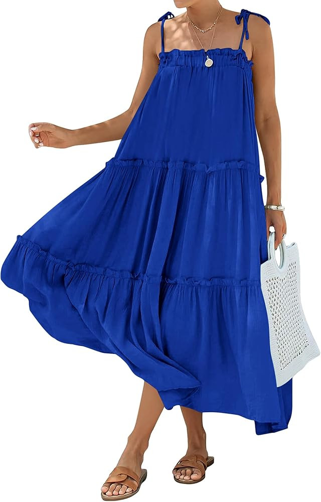 BTFBM Women 2024 Summer Maxi Dresses Sleeveless Spaghetti Strap Casual Sundress Tiered Ruffle Boh... | Amazon (US)