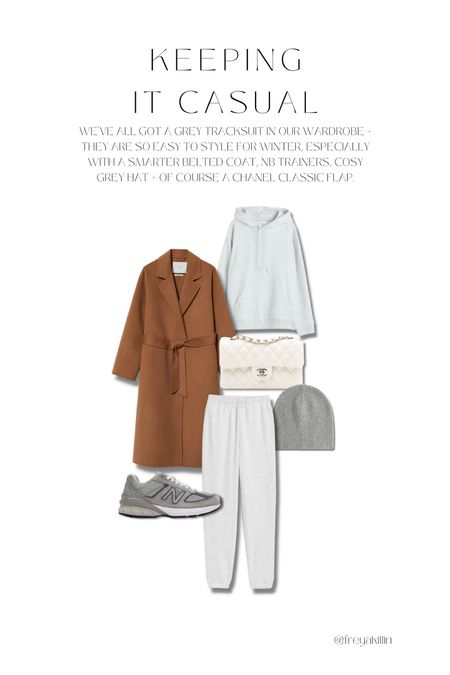 Grey tracksuit outfit, styled up for winter with a smart belted coat, new balance trainers, cosy grey hat & a Chanel classic flap bag. 

#LTKSeasonal #LTKeurope #LTKstyletip