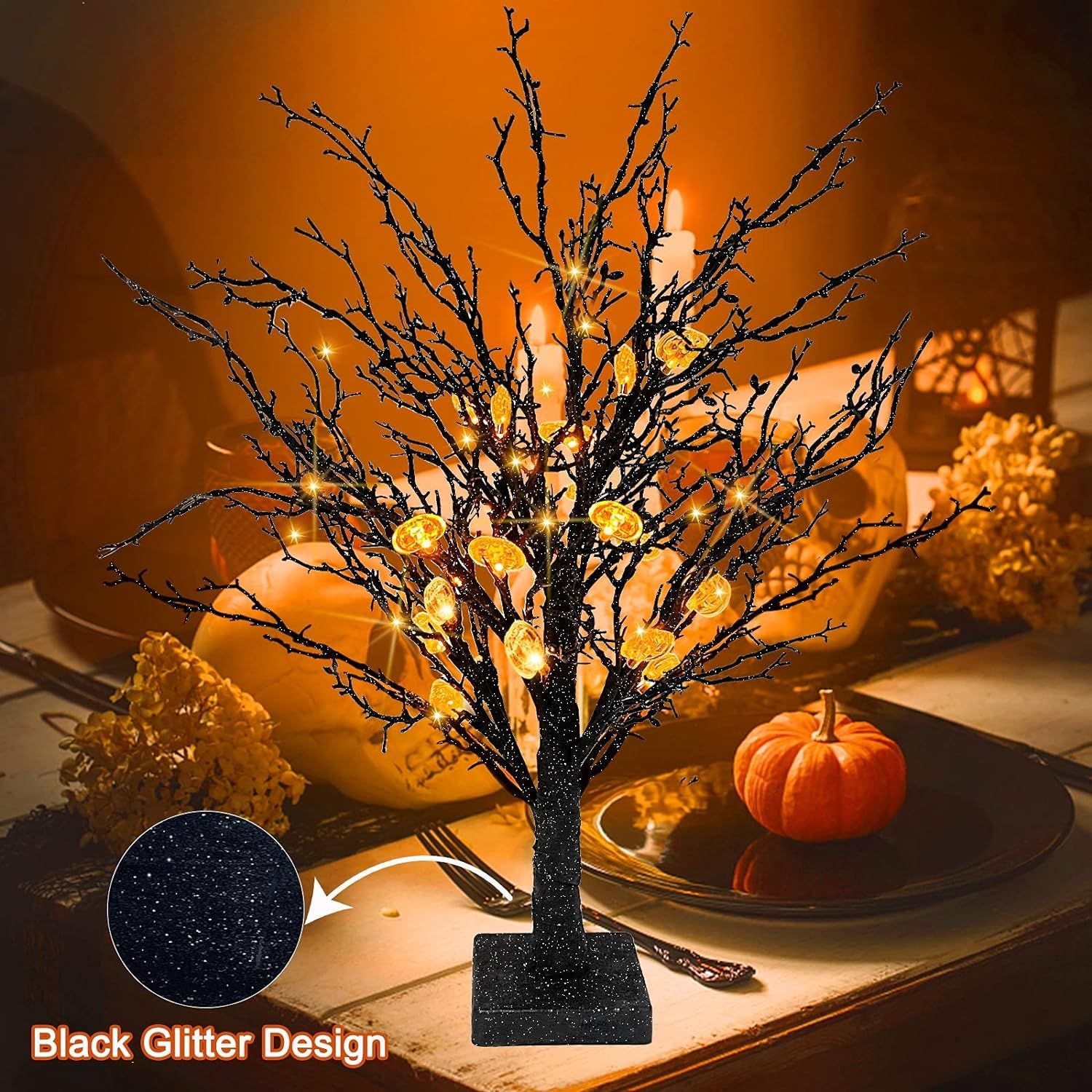 TURNMEON 24Inch Prelit Halloween Dead Tree with Timer 24 Orange LED 25 Pumpkin Lights Jack-O-Lant... | Amazon (US)