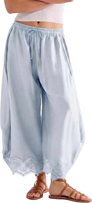 SeeLuNa Comfy Women's Pants Cropped Lace Hem Pants Summer Boho Drawstring High Rise Wide Leg Lounge Trousers with Pockets(Light-Blue,M) | Amazon (US)